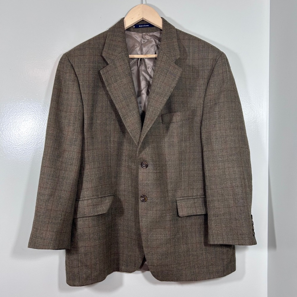 Chaps Ralph Lauren Brown Plaid Lambswool Sport Coat Blazer 42S Made in Canada